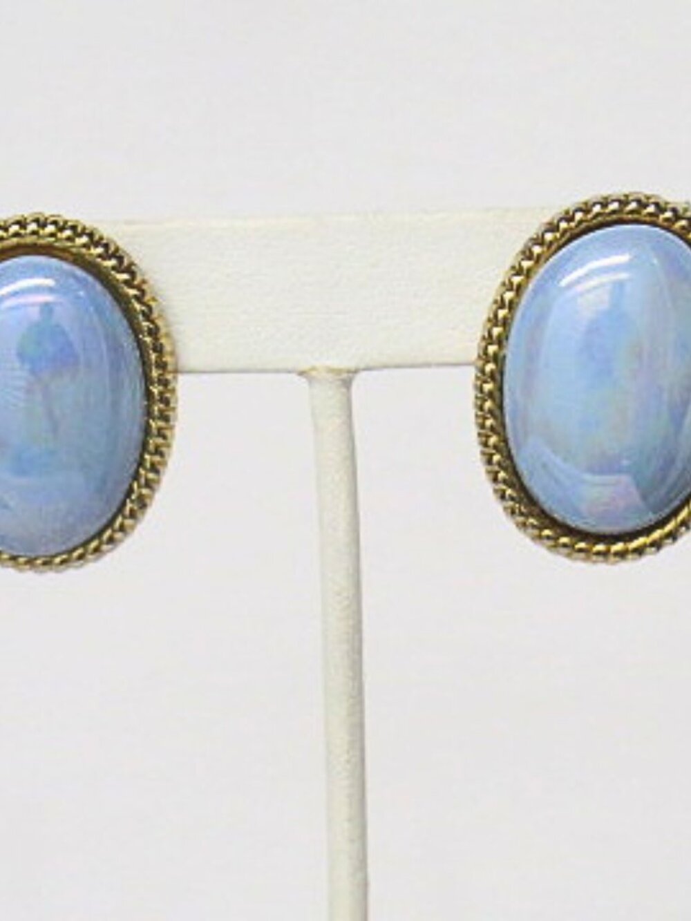 Vintage Estate Blue Oval Cabochon Gold Tone Rope Frame Stud Earrings